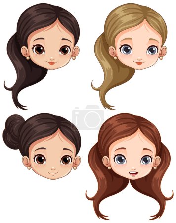 Illustration for Set of cute female cartoon face illustration - Royalty Free Image