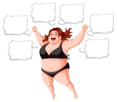 Ilustración de Mujer con sobrepeso que usa bikini con ilustración de burbuja de habla en blanco - Imagen libre de derechos