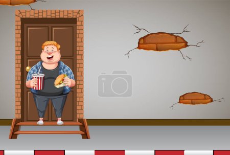 Ilustración de Hombre con sobrepeso sosteniendo la comida rápida en frente de la casa puerta ilustración - Imagen libre de derechos