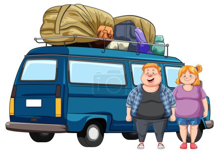Téléchargez les illustrations : Camion de voyage avec illustration de couple en surpoids - en licence libre de droit