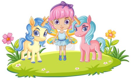 Illustration for Fairy Girl with Unicorn in Cartoon Style illustration - Royalty Free Image