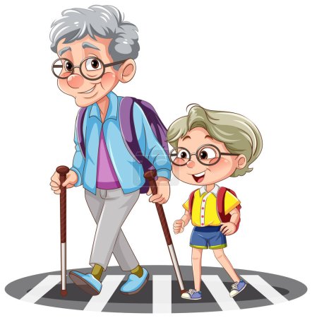 Illustration for Grandparent crossing the road with student illustration - Royalty Free Image