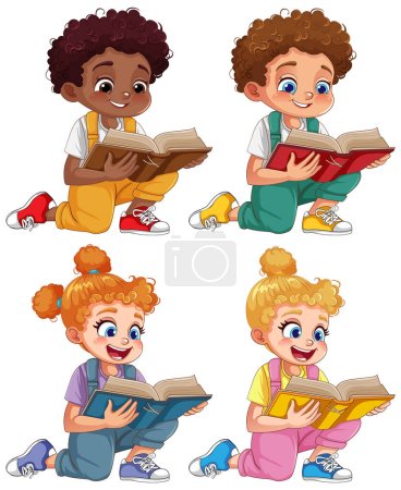 Téléchargez les illustrations : Ensemble de garçons et de filles aux cheveux bouclés de différentes couleurs de peau lisant une illustration de livre - en licence libre de droit