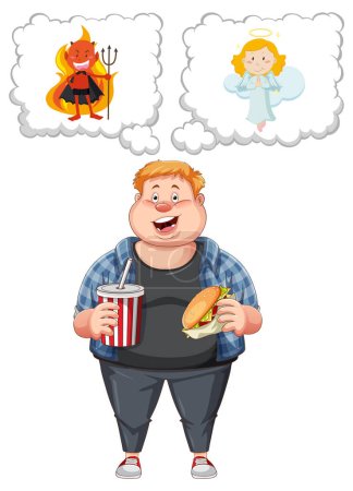 Illustration for Overweight man fighting between eating healthy or unhealthy food illustration - Royalty Free Image