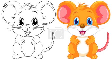 Téléchargez les illustrations : Coloriage dessin animé mignon rat et son illustration en couleur - en licence libre de droit