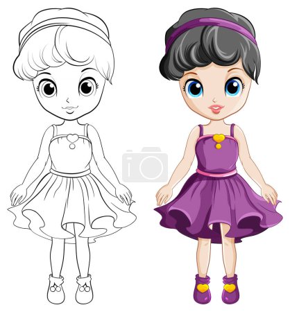 Illustration for Beautiful girl in cocktail dress with doodle outline illustration - Royalty Free Image
