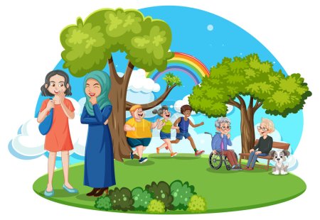 Téléchargez les illustrations : Personnes de religion différente âge et race au parc faisant différentes activités illustration - en licence libre de droit