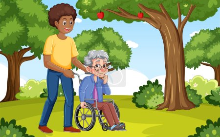 Ilustración de Cuidador masculino con abuela en silla de ruedas en el parque ilustración - Imagen libre de derechos