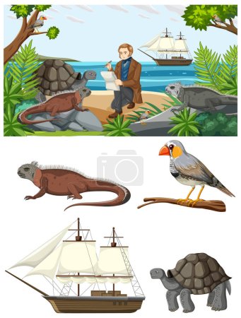Ilustración de Charles Darwin con animales Set ilustración - Imagen libre de derechos