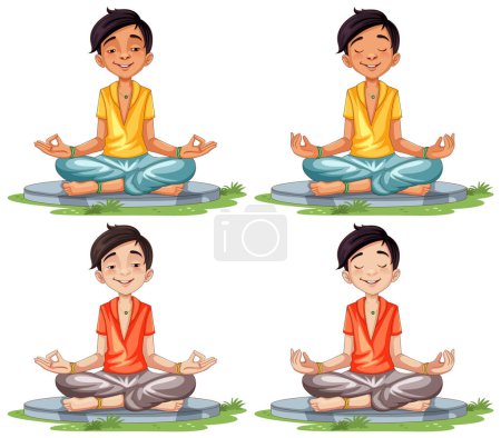 Téléchargez les illustrations : Asiatique homme dessin animé pratique méditation illustration - en licence libre de droit