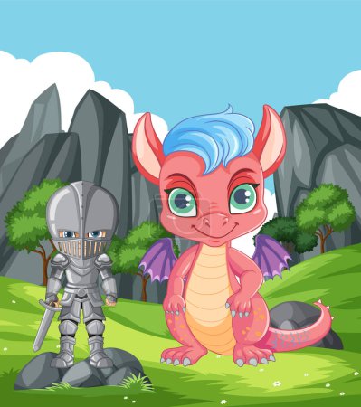 Illustration for Cute Dragon with Knight Cartoon Character illustration - Royalty Free Image
