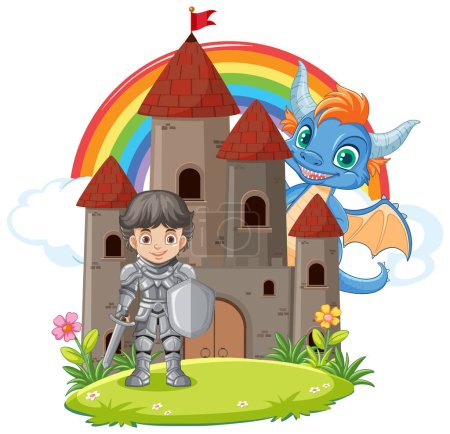 Illustration for Cute Dragon with Knight and Castle illustration - Royalty Free Image