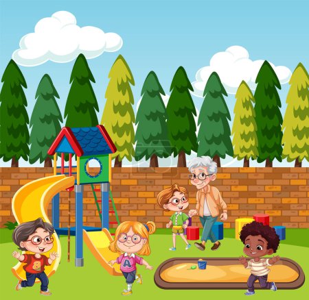 Ilustración de Niños con diferentes razas jugando en el patio de recreo ilustración - Imagen libre de derechos