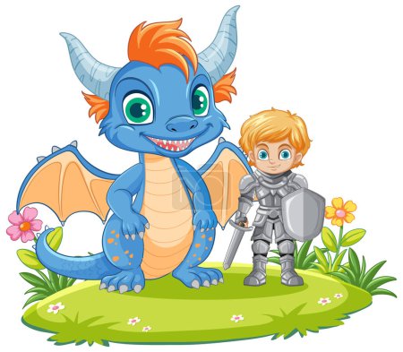 Illustration for Cartoon knight boy with dragon illustration - Royalty Free Image