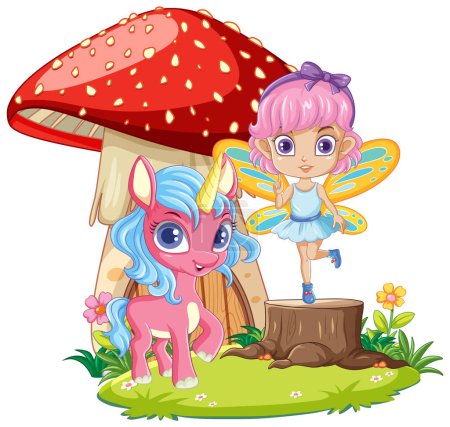 Illustration for Fairy Girl with Unicorn in Cartoon Style illustration - Royalty Free Image