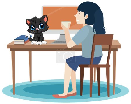 Téléchargez les illustrations : Femme travaillant à la table avec une illustration de chat - en licence libre de droit