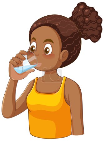 Illustration for African American teenage girl drinking water illustration - Royalty Free Image
