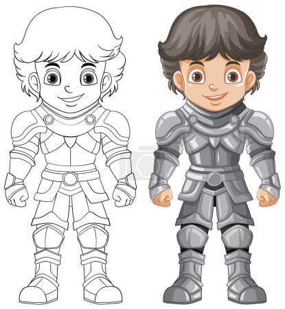 Illustration for Cartoon knight boy cartoon character with doodle outline for colouring illustration - Royalty Free Image