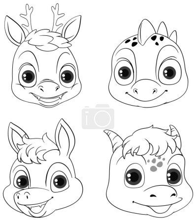 Illustration for Set of dinosaur dragon cartoon facedoodle coloring character illustration - Royalty Free Image