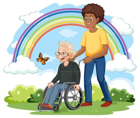 Téléchargez les illustrations : Gardien avec grand-mère en fauteuil roulant à l'illustration du parc - en licence libre de droit
