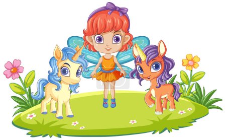 Ilustración de Chica de hadas con unicornio en ilustración de estilo de dibujos animados - Imagen libre de derechos
