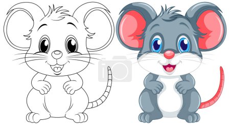 Illustration for Coloring cute rat cartoon and its colour illustration - Royalty Free Image