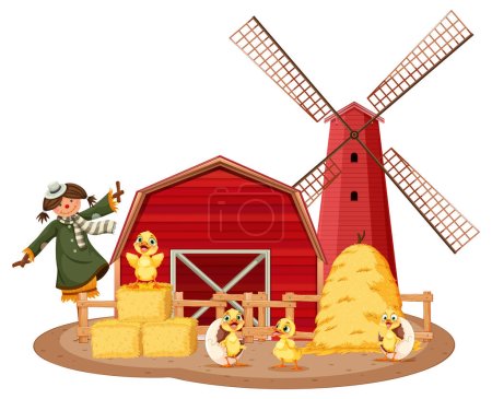 Téléchargez les illustrations : Grange agricole avec illustration moulin à vent - en licence libre de droit