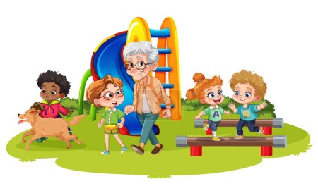 People with different gender age and race at the park doing different activities illustration