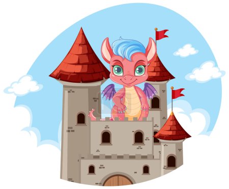 Téléchargez les illustrations : Dragon sur Château en dessin animé Illustration de style - en licence libre de droit