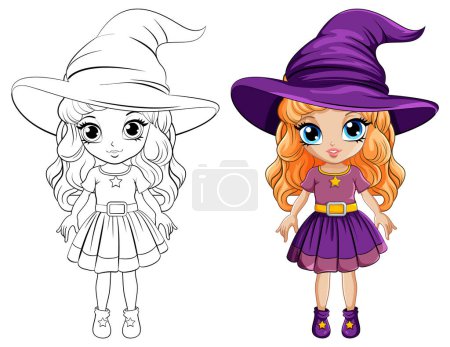 Illustration for Cartoon witch wearing a big hat its doodle coloring illustration - Royalty Free Image