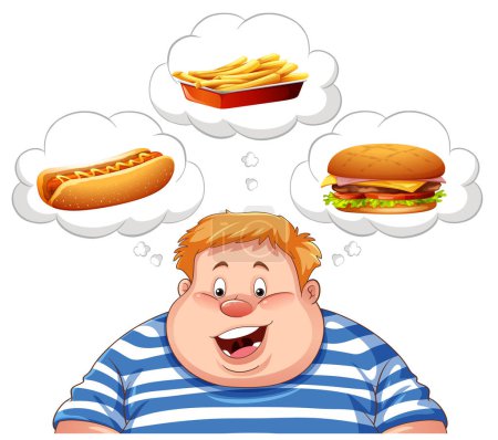 Ilustración de Hombre con sobrepeso pensando en la ilustración de comida rápida - Imagen libre de derechos