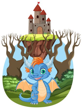 Téléchargez les illustrations : Dragon mignon sur le château dans l'illustration de style dessin animé - en licence libre de droit