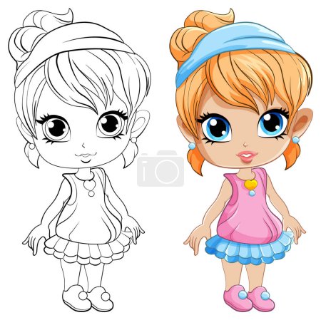 Illustration for Cute girl cartoonl and its doodle coloring character illustration - Royalty Free Image