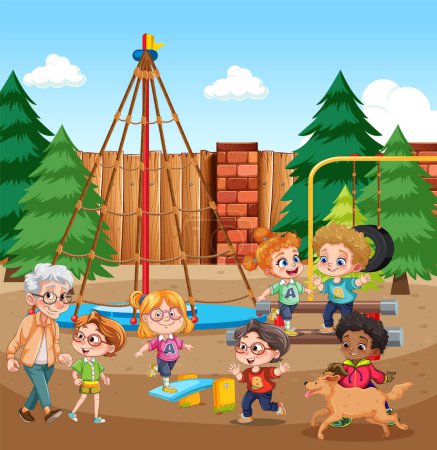 Ilustración de Niños con diferentes razas jugando en el patio de recreo ilustración - Imagen libre de derechos