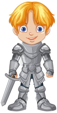 Téléchargez les illustrations : Dessin animé chevalier garçon tenant épée illustration - en licence libre de droit