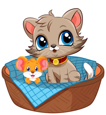 Téléchargez les illustrations : Deux personnages de dessin animé, un chat et une souris, sont assis dans un panier ensemble - en licence libre de droit