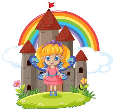Illustration for A cartoon fairy stands in front of a majestic castle in a fantasy setting - Royalty Free Image