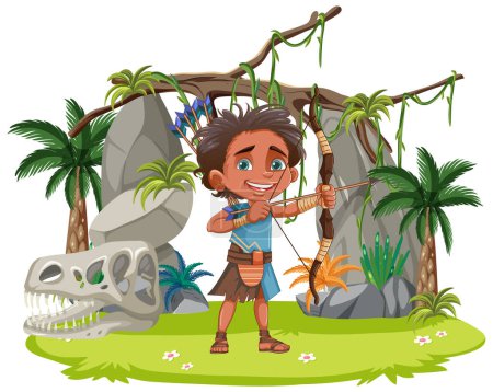 Illustration for A vector cartoon illustration of indigenous people hunting in a forest using arrows - Royalty Free Image