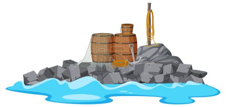 Photo for Boating tools on the isolated rock stone island illustration - Royalty Free Image