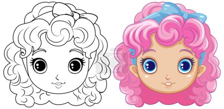 Téléchargez les illustrations : Adorable fille avec contour de cheveux bouclés pour l'illustration de coloration - en licence libre de droit