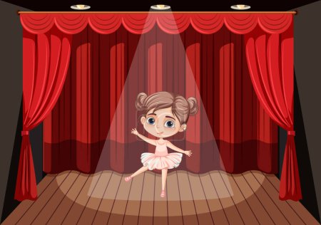 Illustration for A vector cartoon illustration of a young girl performing ballet on a stage - Royalty Free Image