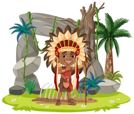 Illustration for A vector cartoon illustration of Native American indigenous people hunting in a forest using arrows - Royalty Free Image