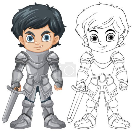 Illustration for Cartoon knight boy cartoon character with doodle outline for colouring illustration - Royalty Free Image