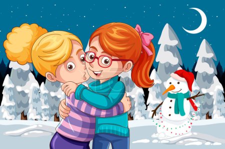 Ilustración de Dos chicas están abrazando y besándose mientras están de pie en una escena al aire libre de invierno con un muñeco de nieve en el fondo - Imagen libre de derechos
