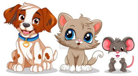 Illustration for Playful Animal Friends with Cute Cartoon Dog, Cat and Mouse illustration - Royalty Free Image