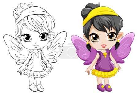 Illustration for Cartoon fairy with wings and its doodle coloring character illustration - Royalty Free Image
