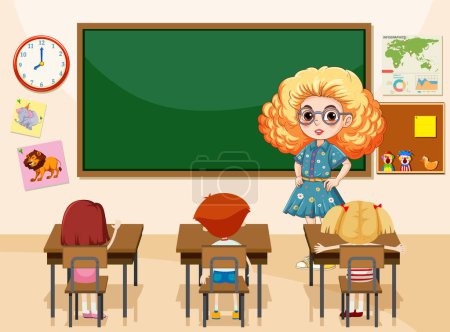 Illustration for A teacher stands in front of a classroom full of students sitting at their desks - Royalty Free Image