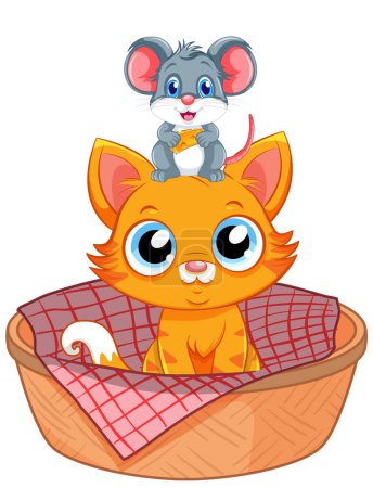 Téléchargez les illustrations : Illustration vectorielle d'un chat et d'une souris assis ensemble dans un panier - en licence libre de droit