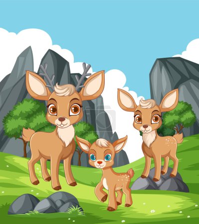 Téléchargez les illustrations : Famille des cerfs dans la forêt illustration - en licence libre de droit