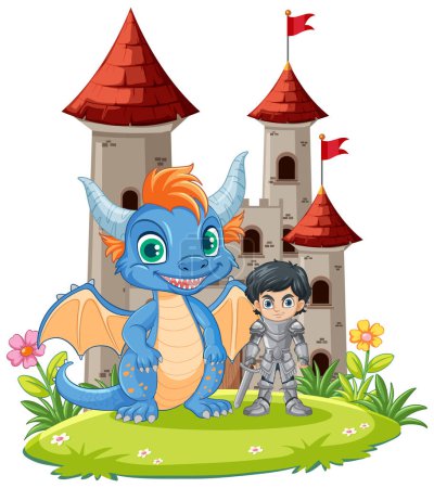 Ilustración de Lindo dragón con caballero de pie delante del castillo ilustración - Imagen libre de derechos